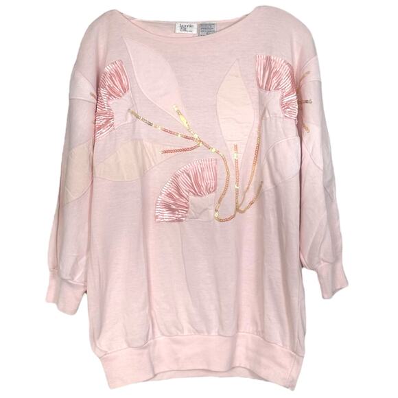 1980s Vintage Embroidered Sweater Sequins Lotus Flowers Pullover Size Large Pink - Picture 5 of 12